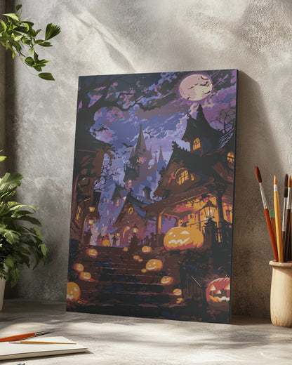 Halloween Haunted Town Paint by Numbers Kit - Pumpkins & Lanterns Scene