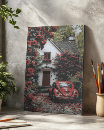 Romantic Cottage Paint by Numbers Kit - Red Roses & Vintage Car